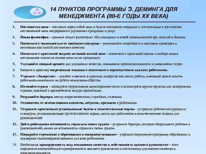 14 ПУНКТОВ ПРОГРАММЫ Э. ДЕМИНГА ДЛЯ МЕНЕДЖМЕНТА (80 -Е ГОДЫ ХХ ВЕКА) 1. Постоянство