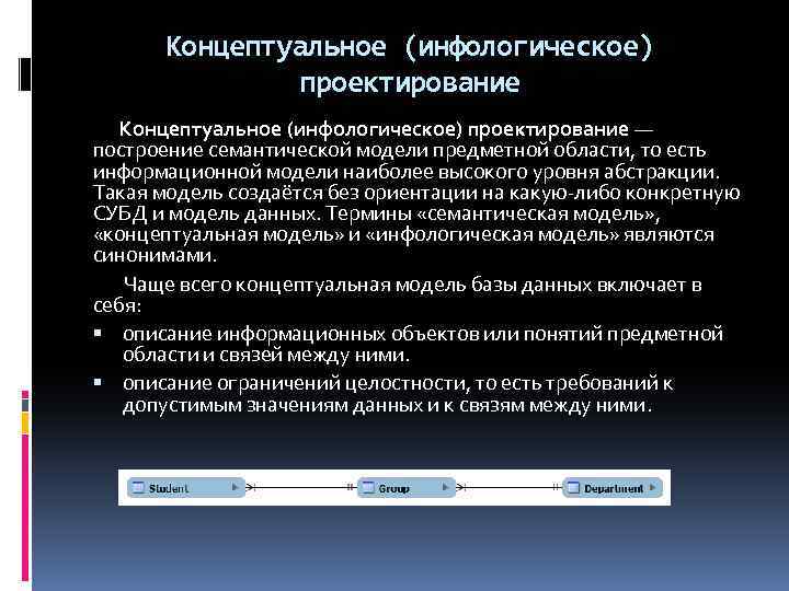 Концептуальное (инфологическое) проектирование — построение семантической модели предметной области, то есть информационной модели наиболее