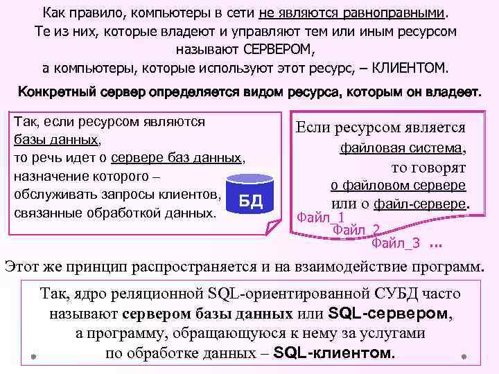 Как правило, компьютеры в сети не являются равноправными. Те из них, которые владеют и