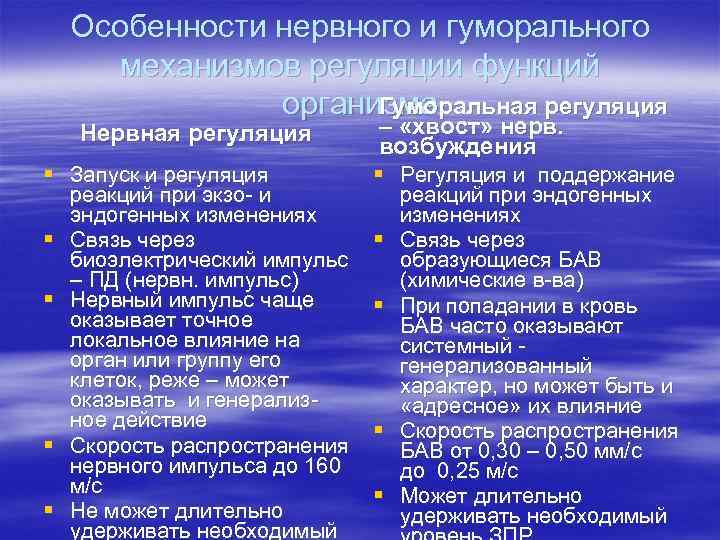 Особенности нервного и гуморального механизмов регуляции функций организма Гуморальная регуляция Нервная регуляция § Запуск