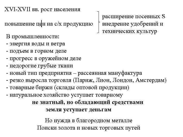 XVI-XVII вв. рост населения расширение посевных S повышение цен на с/х продукцию внедрение удобрений