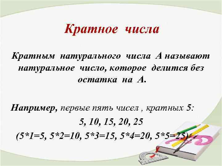 Кратное числа Кратным натурального числа А называют натуральное число, которое делится без остатка на