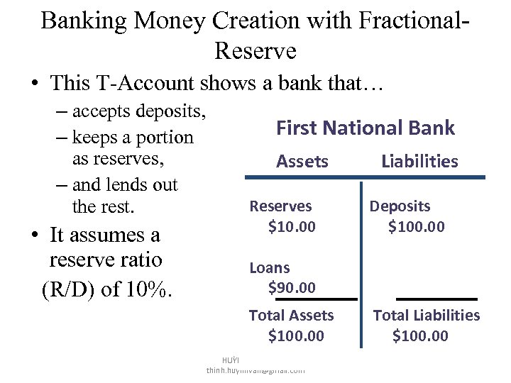 Banking Money Creation with Fractional. Reserve • This T-Account shows a bank that… –