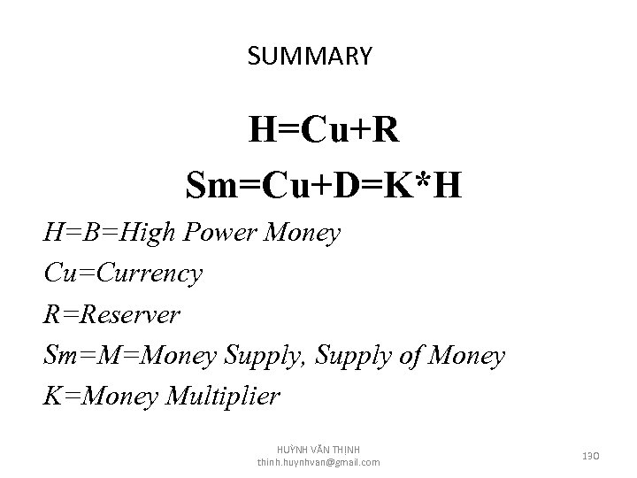 SUMMARY H=Cu+R Sm=Cu+D=K*H H=B=High Power Money Cu=Currency R=Reserver Sm=M=Money Supply, Supply of Money K=Money