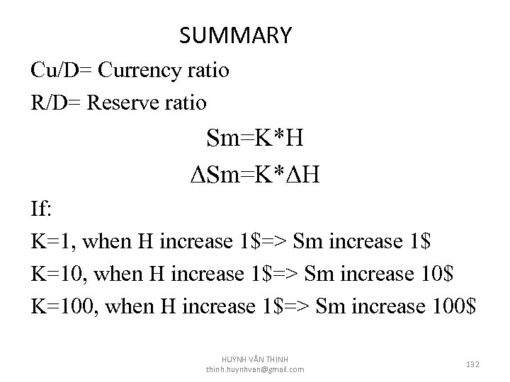 SUMMARY Cu/D= Currency ratio R/D= Reserve ratio Sm=K*H ΔSm=K*ΔH If: K=1, when H increase