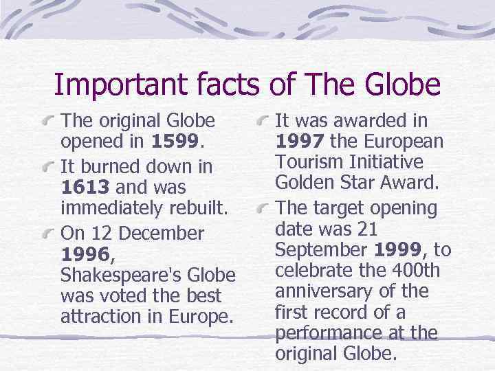 Important facts of The Globe The original Globe opened in 1599. It burned down