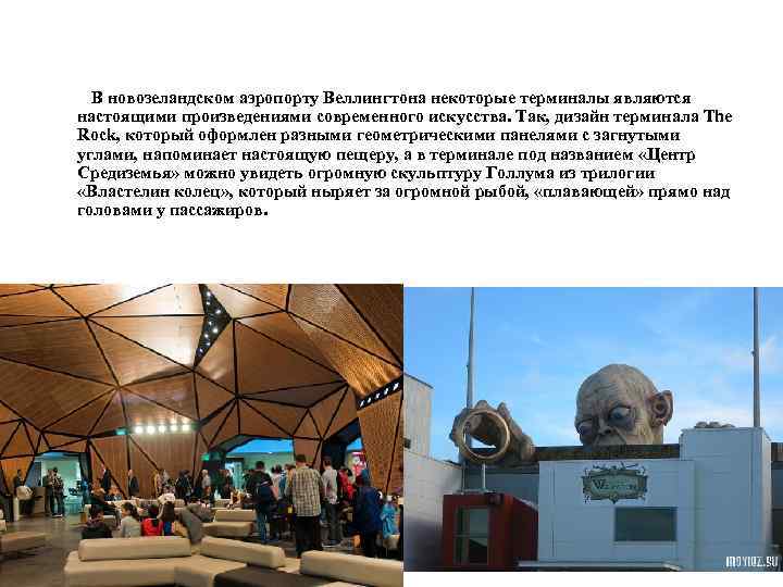 В новозеландском аэропорту Веллингтона некоторые терминалы являются настоящими произведениями современного искусства. Так, дизайн терминала