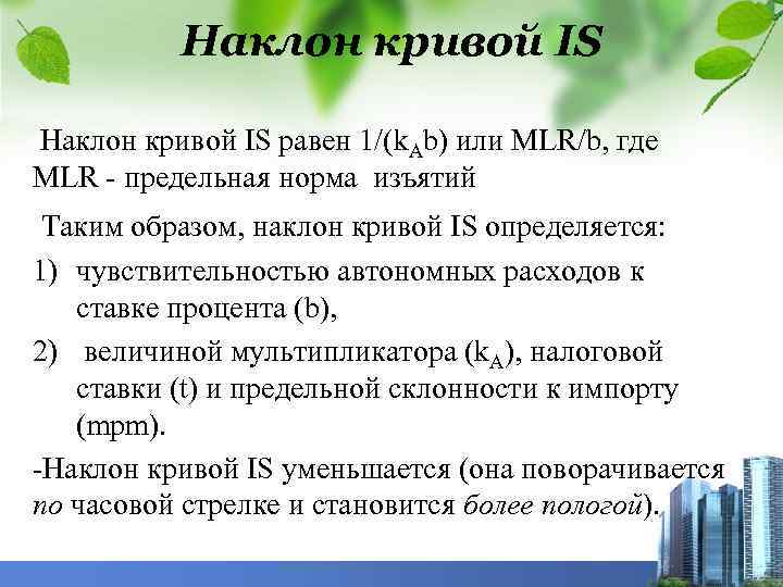 Наклон кривой IS равен 1/(k. Ab) или МLR/b, где MLR - предельная норма изъятий