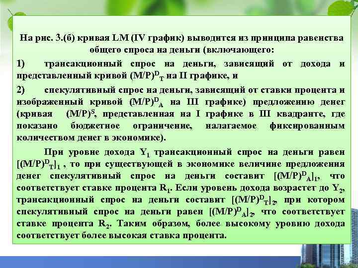 На рис. 3. (б) кривая LM (IV график) выводится из принципа равенства общего спроса