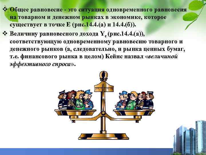 v Общее равновесие - это ситуация одновременного равновесия на товарном и денежном рынках в