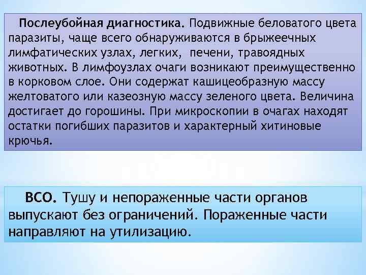 Послеубойная диагностика. Подвижные беловатого цвета паразиты, чаще всего обнаруживаются в брыжеечных лимфатических узлах, легких,