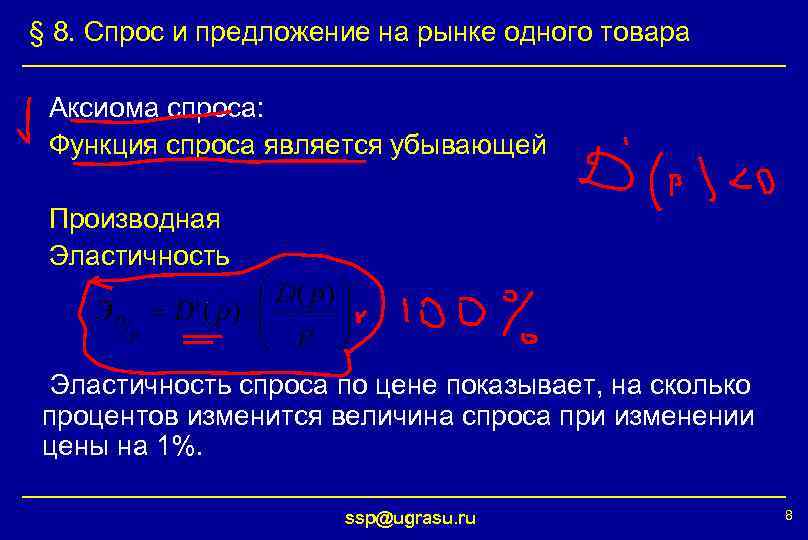§ 8. Спрос и предложение на рынке одного товара Аксиома спроса: Функция спроса является