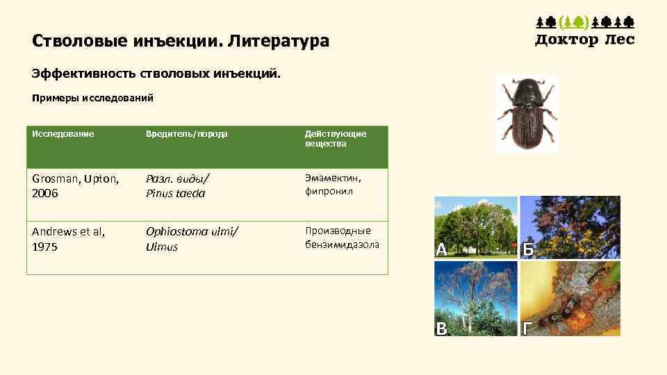 Стволовые инъекции. Литература Эффективность стволовых инъекций. Примеры исследований Исследование Вредитель/порода Действующие вещества Grosman, Upton,