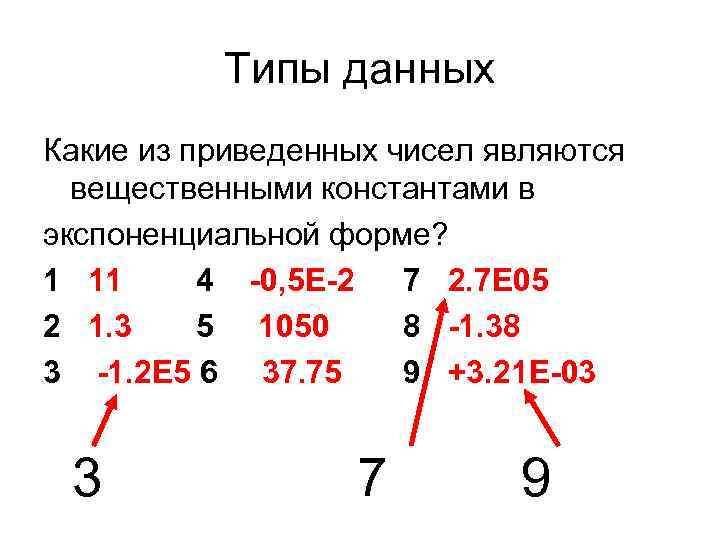 Типы данных Какие из приведенных чисел являются вещественными константами в экспоненциальной форме? 1 11