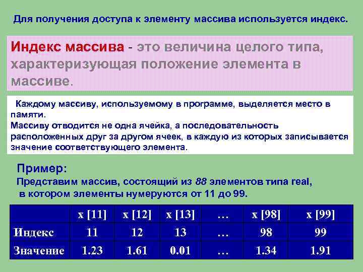 Для получения доступа к элементу массива используется индекс. Индекс массива - это величина целого