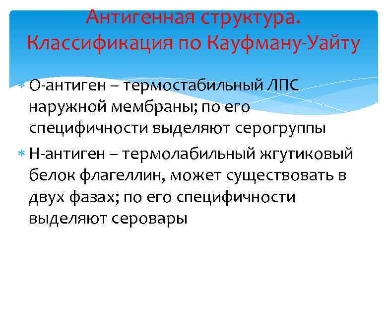 Антигенная структура. Классификация по Кауфману-Уайту О-антиген – термостабильный ЛПС наружной мембраны; по его специфичности