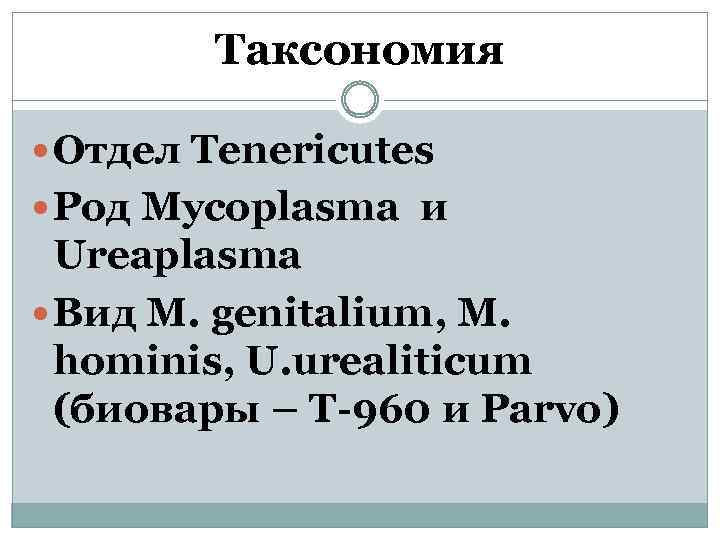 Таксономия Отдел Tenericutes Род Mycoplasma и Ureaplasma Вид M. genitalium, M. hominis, U. urealiticum