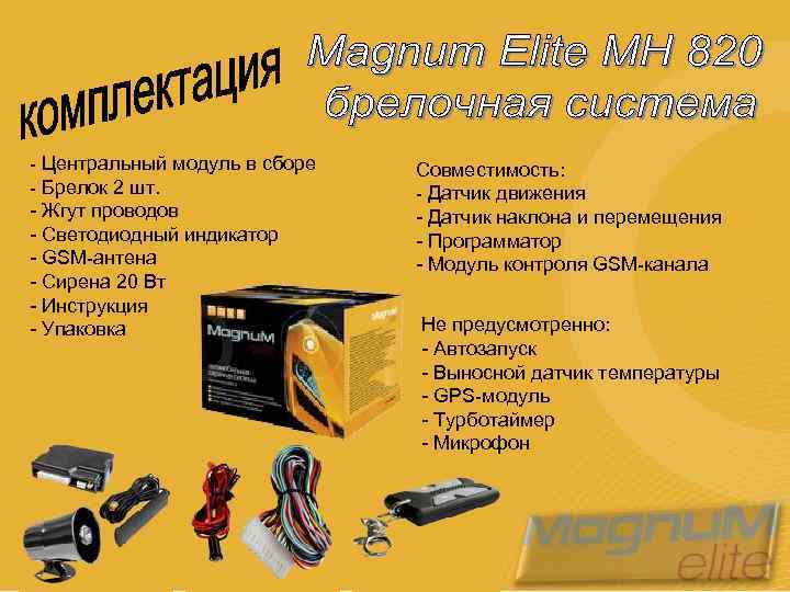 - Центральный модуль в сборе - Брелок 2 шт. - Жгут проводов - Светодиодный
