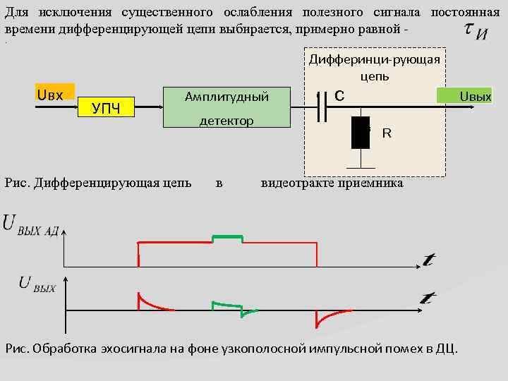 Для исключения существенного ослабления полезного сигнала постоянная времени дифференцирующей цепи выбирается, примерно равной. Uвх