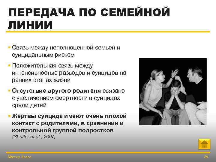 ПЕРЕДАЧА ПО СЕМЕЙНОЙ ЛИНИИ § Связь между неполноценной семьей и суицидальным риском § Положительная