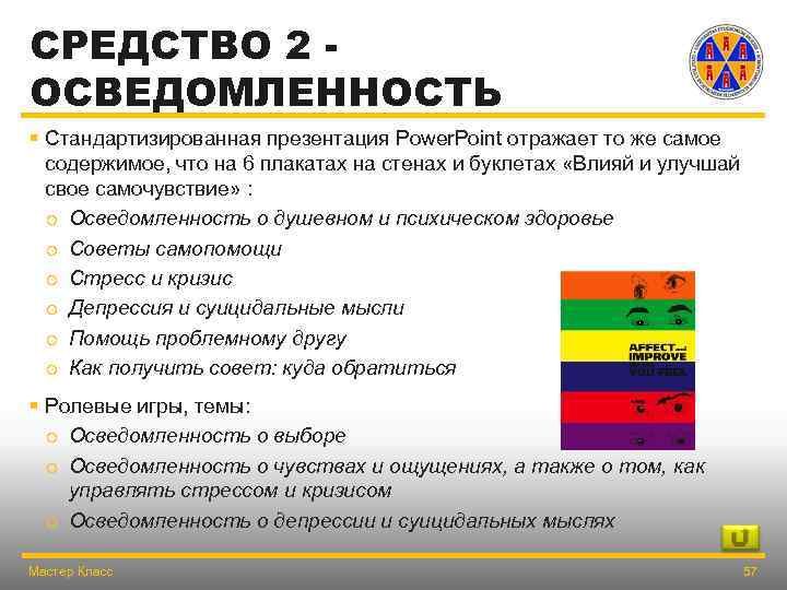 СРЕДСТВО 2 ОСВЕДОМЛЕННОСТЬ § Стандартизированная презентация Power. Point отражает то же самое содержимое, что