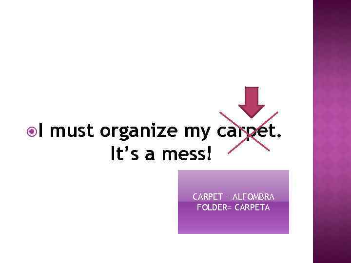  I must organize my carpet. It’s a mess! CARPET = ALFOMBRA FOLDER= CARPETA