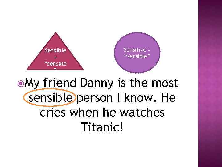 Sensible = “sensato ” My Sensitive = “sensible” friend Danny is the most sensible