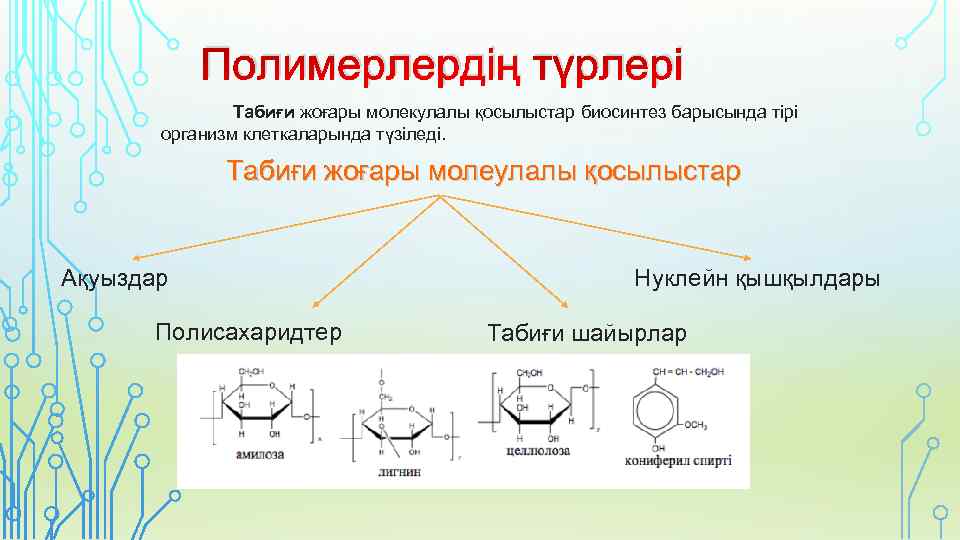 Полимерлердің түрлері Табиғи жоғары молекулалы қосылыстар биосинтез барысында тірі организм клеткаларында түзіледі. Табиғи жоғары