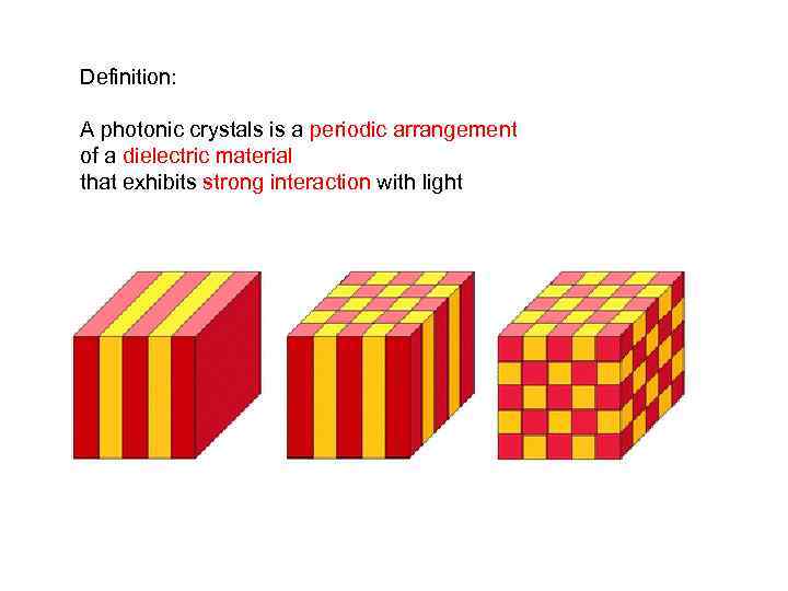 Definition: A photonic crystals is a periodic arrangement of a dielectric material that exhibits