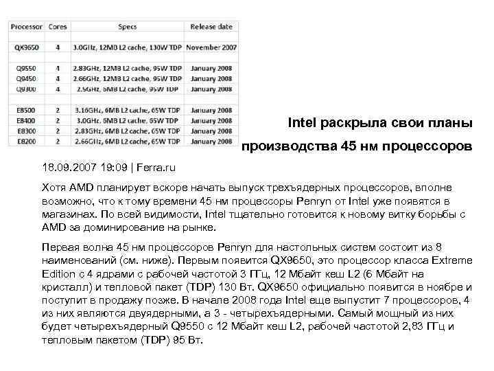 Intel раскрыла свои планы производства 45 нм процессоров 18. 09. 2007 19: 09 |