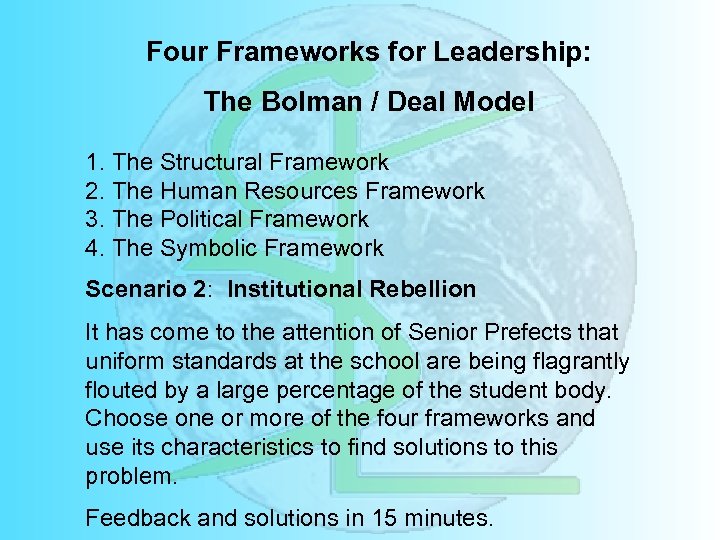 Four Frameworks for Leadership: The Bolman / Deal Model 1. The Structural Framework 2.