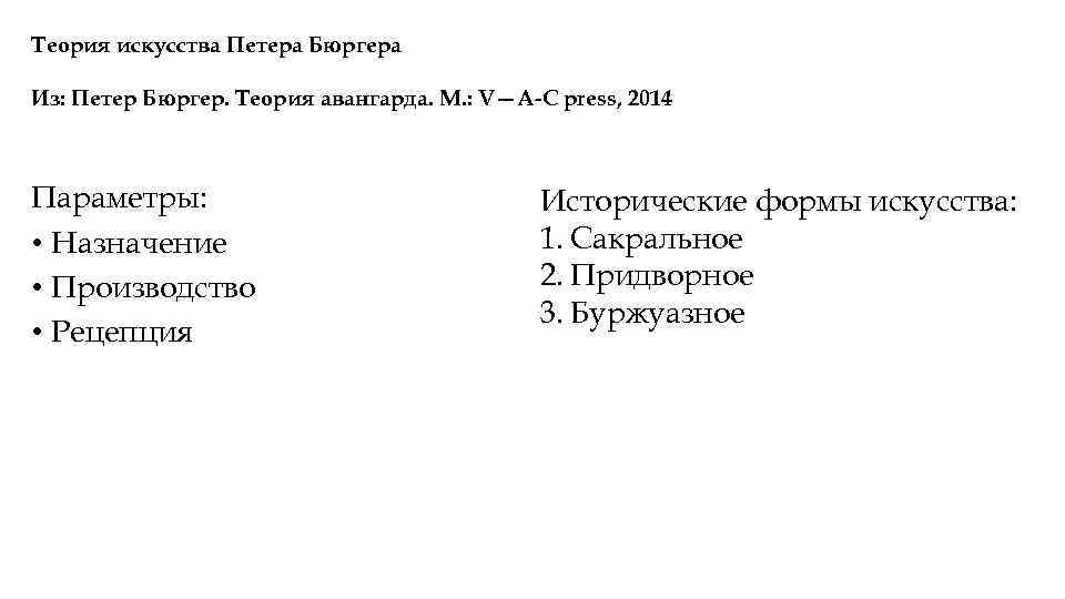 Теория искусства Петера Бюргера Из: Петер Бюргер. Теория авангарда. М. : V—A-C press, 2014