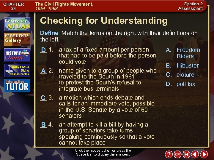 Checking for Understanding Define Match the terms on the right with their definitions on