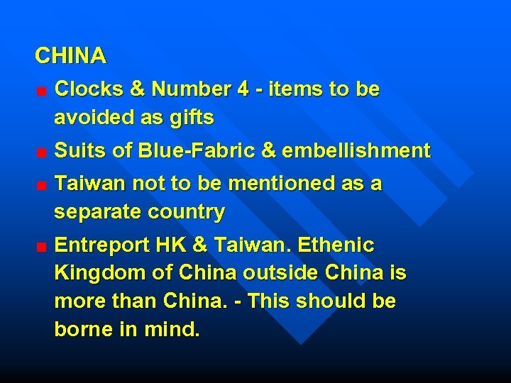 CHINA Clocks & Number 4 - items to be avoided as gifts Suits of