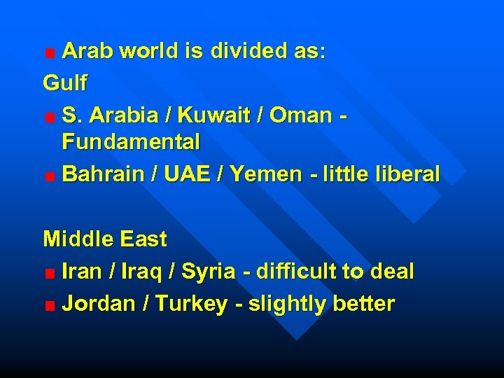 Arab world is divided as: Gulf S. Arabia / Kuwait / Oman Fundamental Bahrain