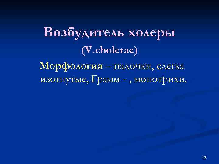 Возбудитель холеры (V. cholerae) Морфология – палочки, слегка изогнутые, Грамм - , монотрихи. 19