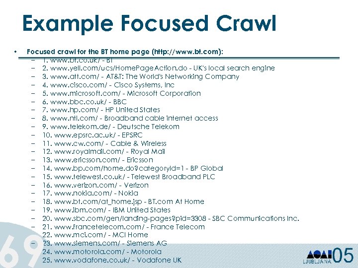 Example Focused Crawl • Focused crawl for the BT home page (http: //www. bt.