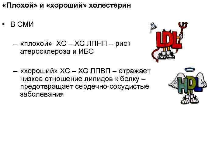  «Плохой» и «хороший» холестерин • В СМИ – «плохой» ХС – ХС ЛПНП