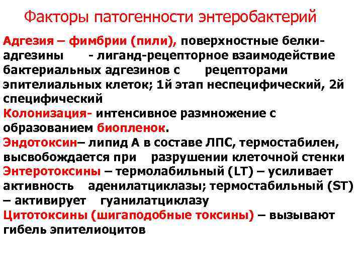Факторы патогенности энтеробактерий Адгезия – фимбрии (пили), поверхностные белкиадгезины - лиганд-рецепторное взаимодействие бактериальных адгезинов