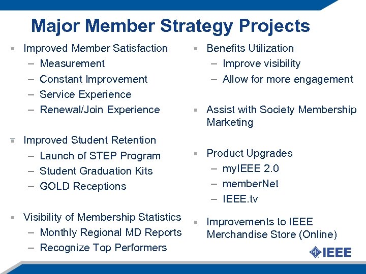Major Member Strategy Projects Improved Member Satisfaction – Measurement – Constant Improvement – Service