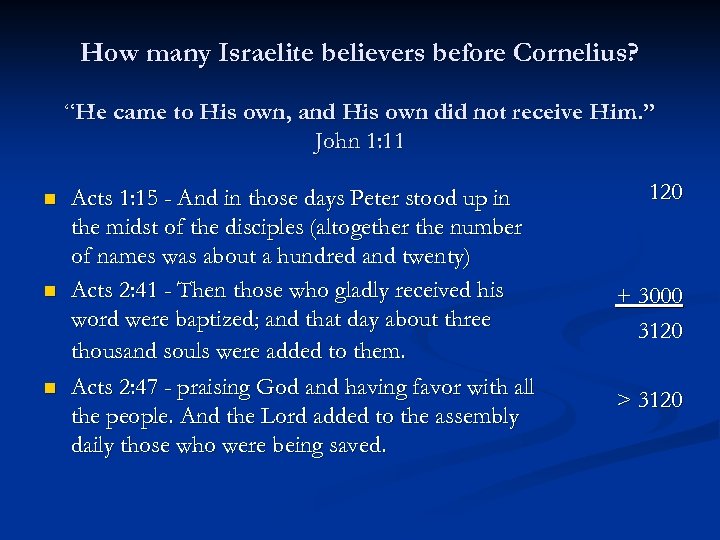 How many Israelite believers before Cornelius? “He came to His own, and His own