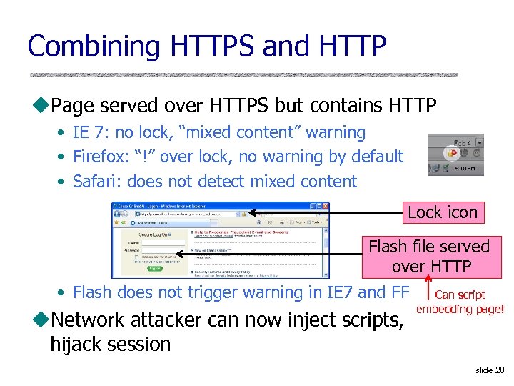 Combining HTTPS and HTTP u. Page served over HTTPS but contains HTTP • IE