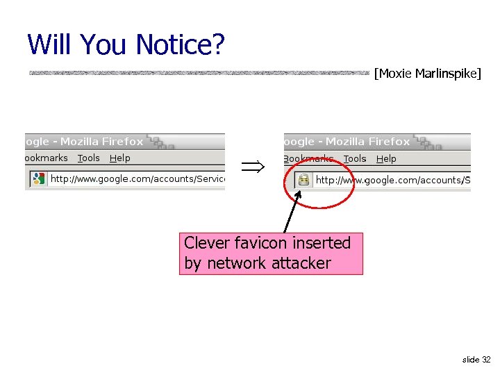 Will You Notice? [Moxie Marlinspike] Clever favicon inserted by network attacker slide 32 