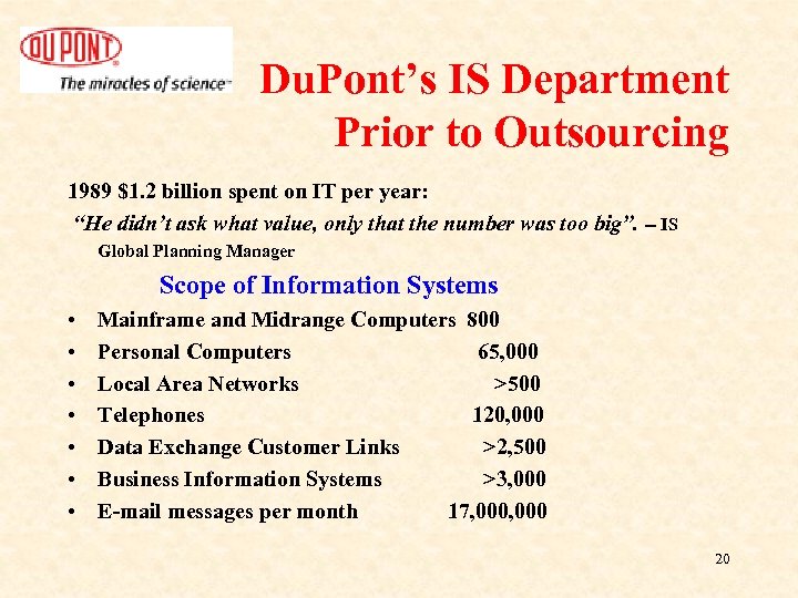 Du. Pont’s IS Department Prior to Outsourcing 1989 $1. 2 billion spent on IT