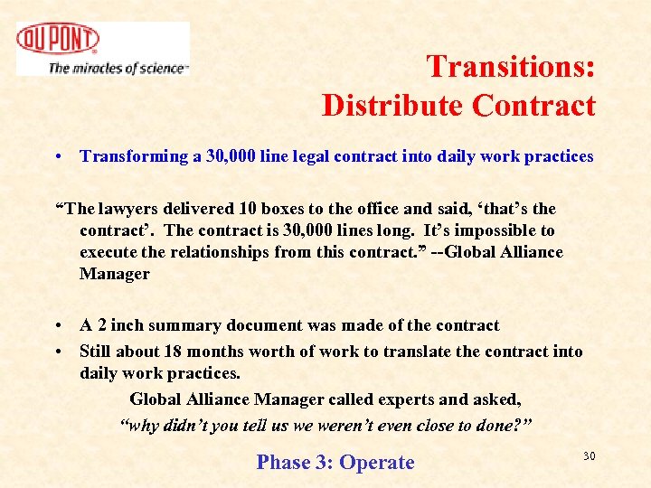 Transitions: Distribute Contract • Transforming a 30, 000 line legal contract into daily work