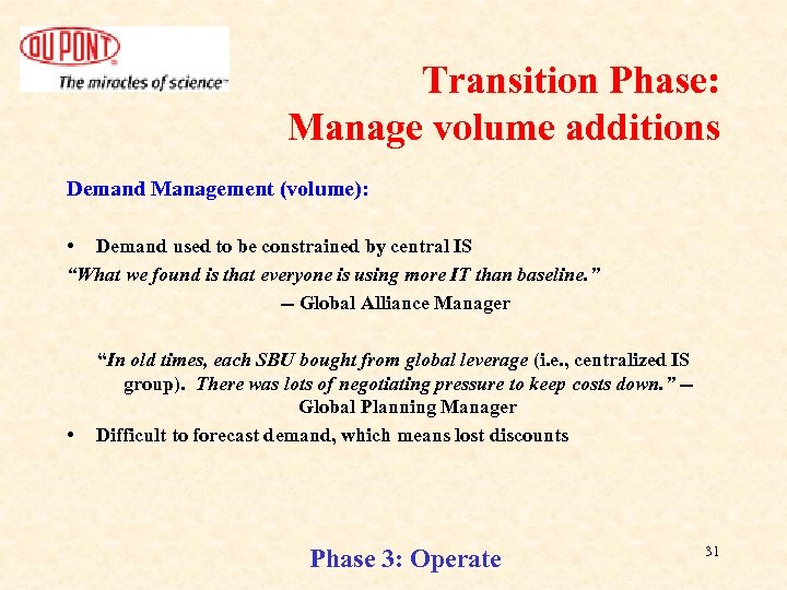 Transition Phase: Manage volume additions Demand Management (volume): • Demand used to be constrained