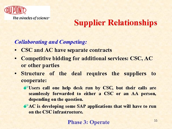 Supplier Relationships Collaborating and Competing: • CSC and AC have separate contracts • Competitive