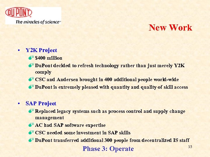 New Work • Y 2 K Project M $400 million M Du. Pont decided