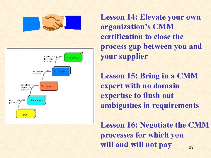 Lesson 14: Elevate your own organization’s CMM certification to close the process gap between