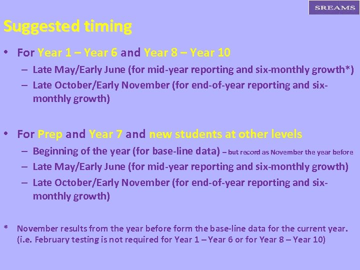Suggested timing • For Year 1 – Year 6 and Year 8 – Year